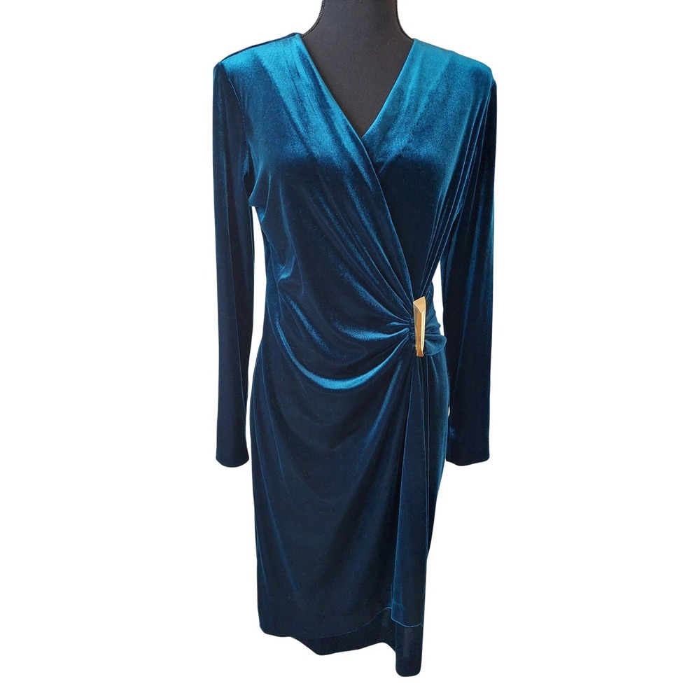 Calvin Klein Teal Blue Velvet Faux Wrap Dress Gold Hardware Detail Size 8
